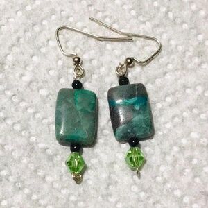 Chrysocolla, black tourmaline and Czech crystal earrings